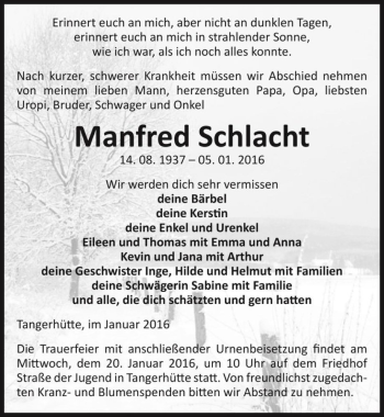 Traueranzeige von Manfred Schlacht  von Magdeburger Volksstimme