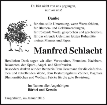 Traueranzeige von Manfred Schlacht  von Magdeburger Volksstimme
