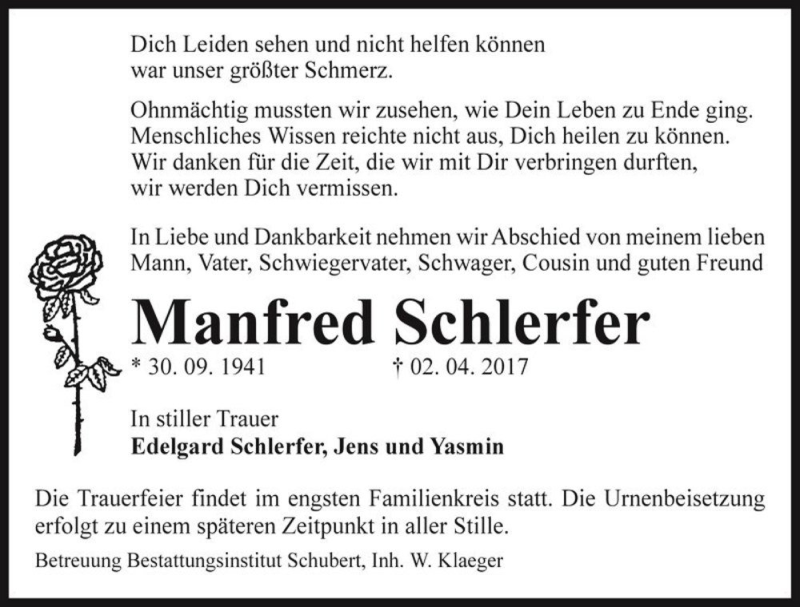  Traueranzeige für Manfred Schlerfer  vom 15.04.2017 aus Magdeburger Volksstimme