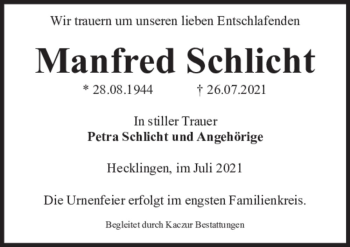 Traueranzeige von Manfred Schlicht  von Magdeburger Volksstimme