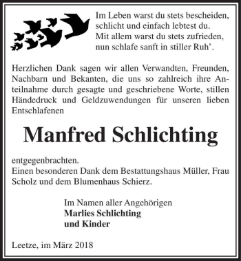 Traueranzeige von Manfred Schlichting  von Magdeburger Volksstimme