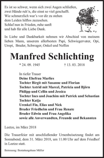 Traueranzeige von Manfred Schlichting  von Magdeburger Volksstimme