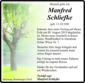 Traueranzeige von Manfred Schliefke  von Magdeburger Volksstimme