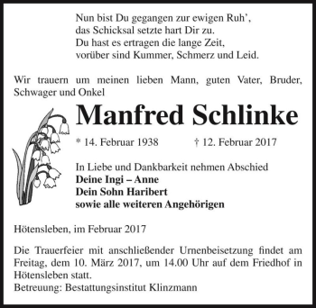Traueranzeige von Manfred Schlinke  von Magdeburger Volksstimme