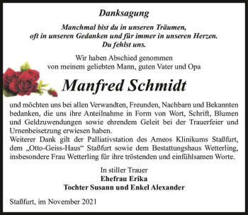 Traueranzeige von Manfred Schmdit  von Magdeburger Volksstimme