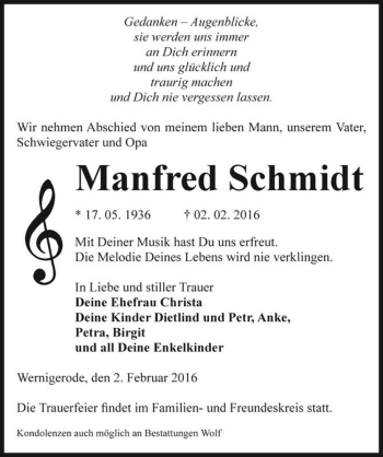 Traueranzeige von Manfred Schmidt  von Magdeburger Volksstimme