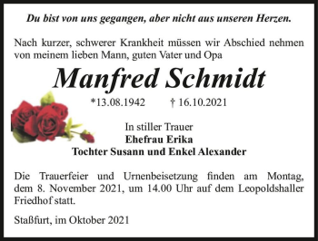 Traueranzeige von Manfred Schmidt  von Magdeburger Volksstimme