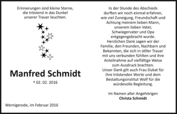 Traueranzeige von Manfred Schmidt  von Magdeburger Volksstimme