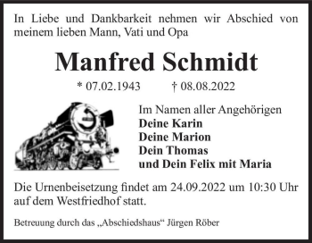 Traueranzeige von Manfred Schmidt  von Magdeburger Volksstimme