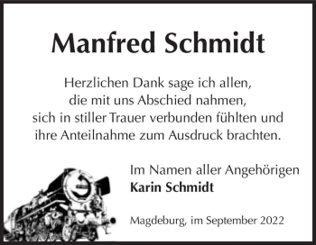 Traueranzeige von Manfred Schmidt  von Magdeburger Volksstimme