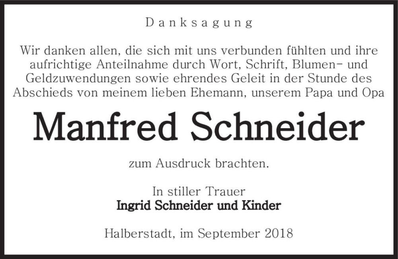  Traueranzeige für Manfred Schneider  vom 15.09.2018 aus Magdeburger Volksstimme