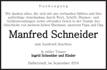 Traueranzeige von Manfred Schneider  von Magdeburger Volksstimme