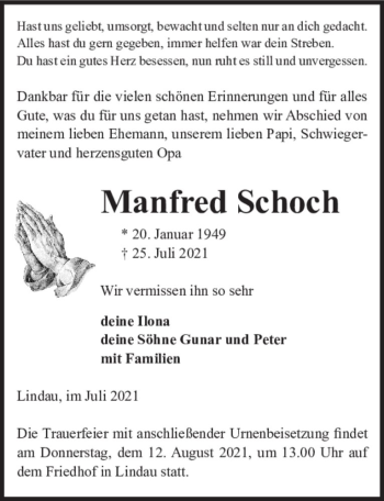 Traueranzeige von Manfred Schoch  von Magdeburger Volksstimme