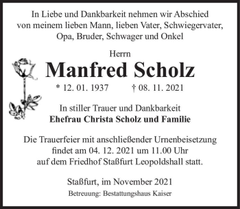 Traueranzeige von Manfred Scholz  von Magdeburger Volksstimme