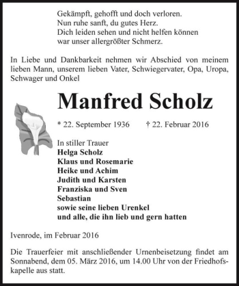 Traueranzeige von Manfred Scholz  von Magdeburger Volksstimme
