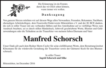 Traueranzeige von Manfred Schorsch  von Magdeburger Volksstimme