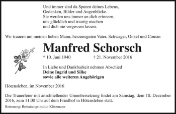 Traueranzeige von Manfred Schorsch  von Magdeburger Volksstimme
