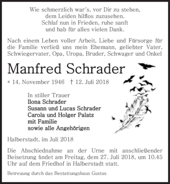 Traueranzeige von Manfred Schrader  von Magdeburger Volksstimme