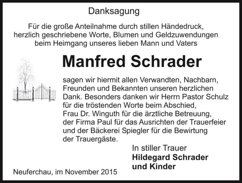  Traueranzeige für Manfred Schrader  vom 12.12.2015 aus Magdeburger Volksstimme