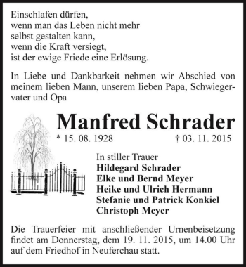Traueranzeige von Manfred Schrader  von Magdeburger Volksstimme
