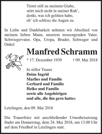 Traueranzeige von Manfred Schramm  von Magdeburger Volksstimme