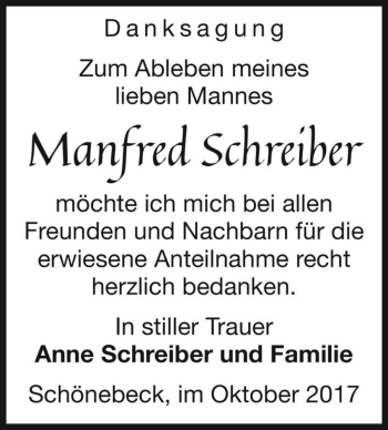 Traueranzeige von Manfred Schreiber  von Magdeburger Volksstimme