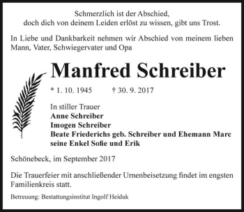Traueranzeige von Manfred Schreiber  von Magdeburger Volksstimme