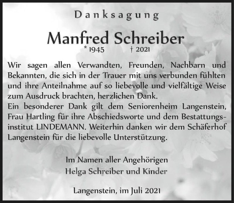 Traueranzeige für Manfred Schreiber  vom 31.07.2021 aus Magdeburger Volksstimme