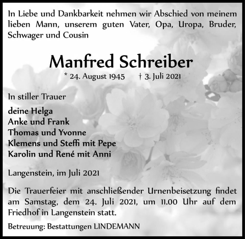  Traueranzeige für Manfred Schreiber  vom 10.07.2021 aus Magdeburger Volksstimme