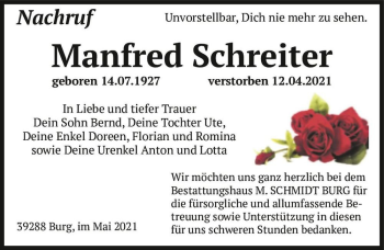 Traueranzeige von Manfred Schreiter  von Magdeburger Volksstimme