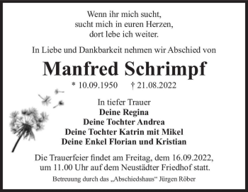 Traueranzeige von Manfred Schrimpf  von Magdeburger Volksstimme
