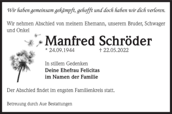 Traueranzeige von Manfred Schröder  von Magdeburger Volksstimme