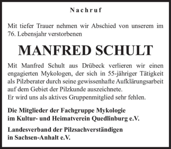 Traueranzeige von Manfred Schult  von Magdeburger Volksstimme