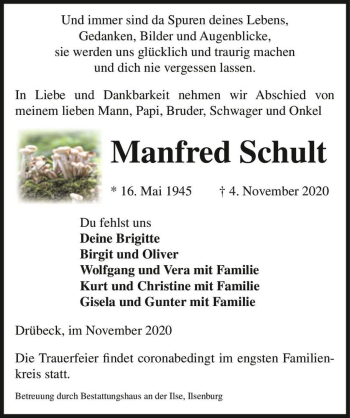 Traueranzeige von Manfred Schult  von Magdeburger Volksstimme