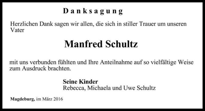  Traueranzeige für Manfred Schultz  vom 26.03.2016 aus Magdeburger Volksstimme