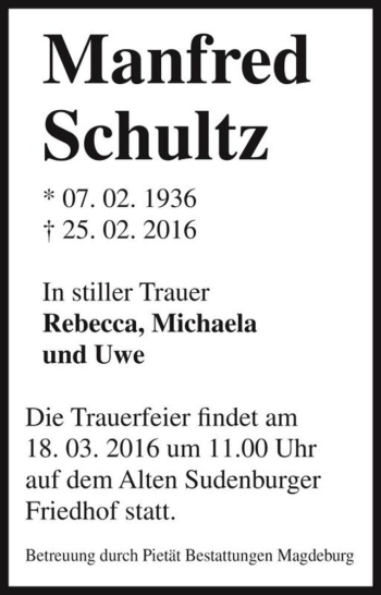 Traueranzeige von Manfred Schultz  von Magdeburger Volksstimme