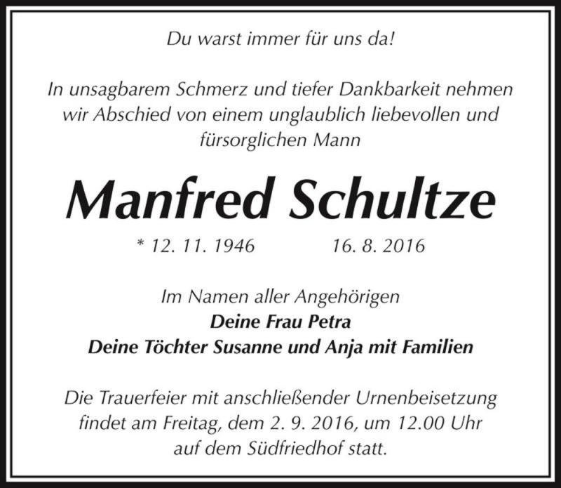  Traueranzeige für Manfred Schultze  vom 20.08.2016 aus Magdeburger Volksstimme