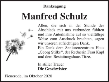 Traueranzeige von Manfred Schulz  von Magdeburger Volksstimme