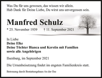 Traueranzeige von Manfred Schulz  von Magdeburger Volksstimme