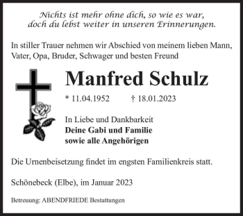 Traueranzeige von Manfred Schulz  von Magdeburger Volksstimme