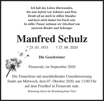 Traueranzeige von Manfred Schulz  von Magdeburger Volksstimme