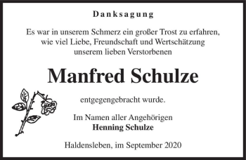 Traueranzeige von Manfred Schulze  von Magdeburger Volksstimme