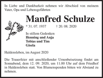 Traueranzeige von Manfred Schulze  von Magdeburger Volksstimme