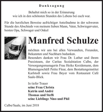 Traueranzeige von Manfred Schulze  von Magdeburger Volksstimme