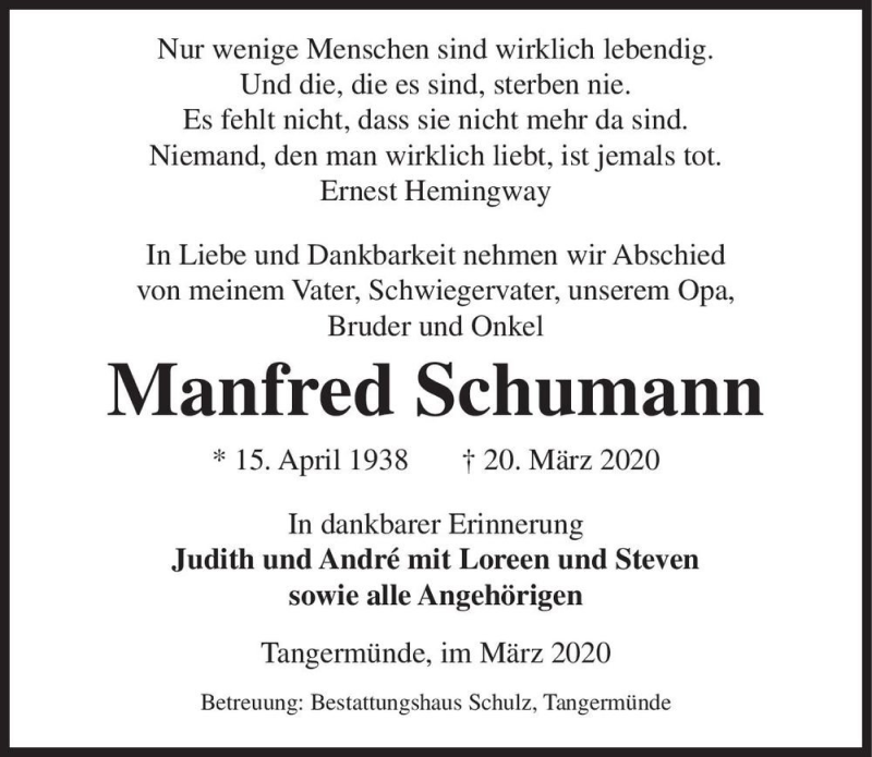  Traueranzeige für Manfred Schumann  vom 24.03.2020 aus Magdeburger Volksstimme
