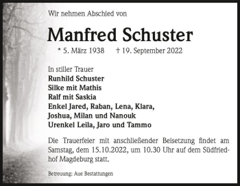 Traueranzeige von Manfred Schuster  von Magdeburger Volksstimme
