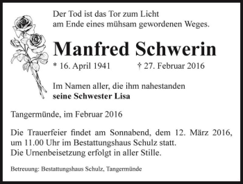 Traueranzeige von Manfred Schwerin  von Magdeburger Volksstimme