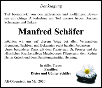 Traueranzeige von Manfred Schäfer  von Magdeburger Volksstimme