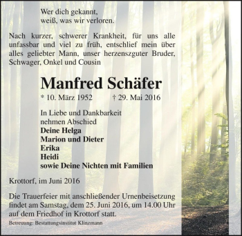 Traueranzeige von Manfred Schäfer  von Magdeburger Volksstimme