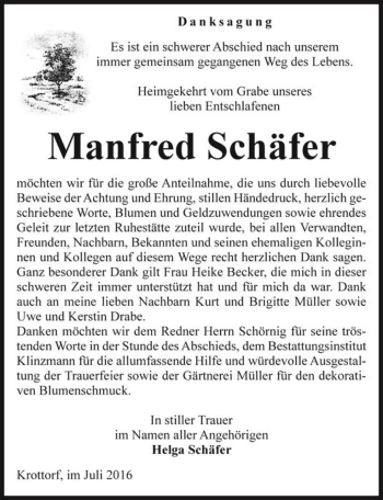 Traueranzeige von Manfred Schäfer  von Magdeburger Volksstimme